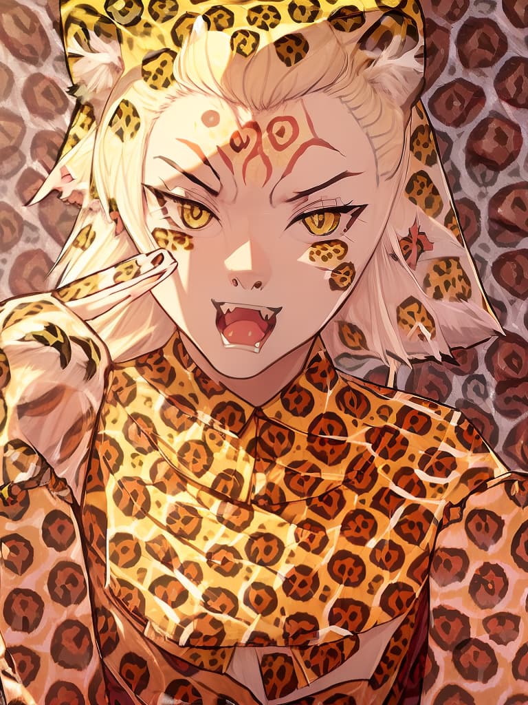  (fangs:1.5)masterpiece,beautiful girl ((leopard ears:2.0))(posed barking with both hands:2.0)(fangs:2.0)(in leopard print blouse:2.0)(close up of upper body)(high quality 8k)