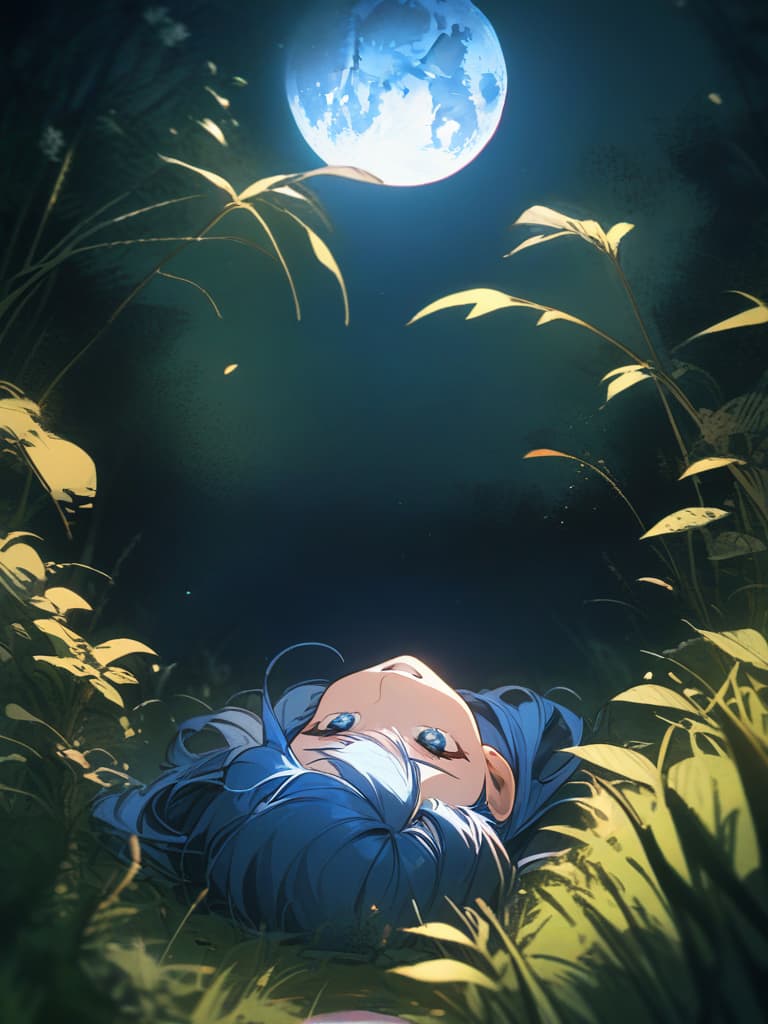  white dress, big moon, looking up, looking up, grass, blue hair, best quality, masterpiece, ultra detailed, healing,