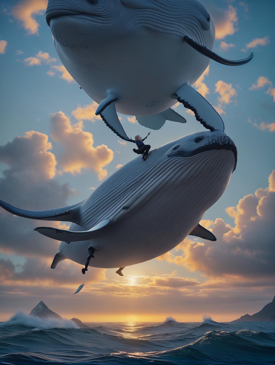  a hyper realistic flying whale over the sea, whith a blond child on its back hyperrealistic, full body, detailed clothing, highly detailed, cinematic lighting, stunningly beautiful, intricate, sharp focus, f/1. 8, 85mm, (centered image composition), (professionally color graded), ((bright soft diffused light)), volumetric fog, trending on instagram, trending on tumblr, HDR 4K, 8K