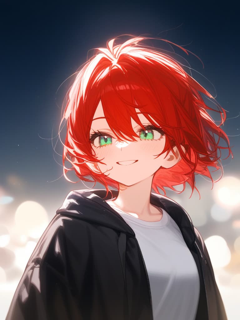  (adam’s apple:1.4),(man’s:1.2),(red hair),(short hair:1.3),emerald green eyes,smile,(messy hair),from front,black jacket,white t shirt,ultra detailed,