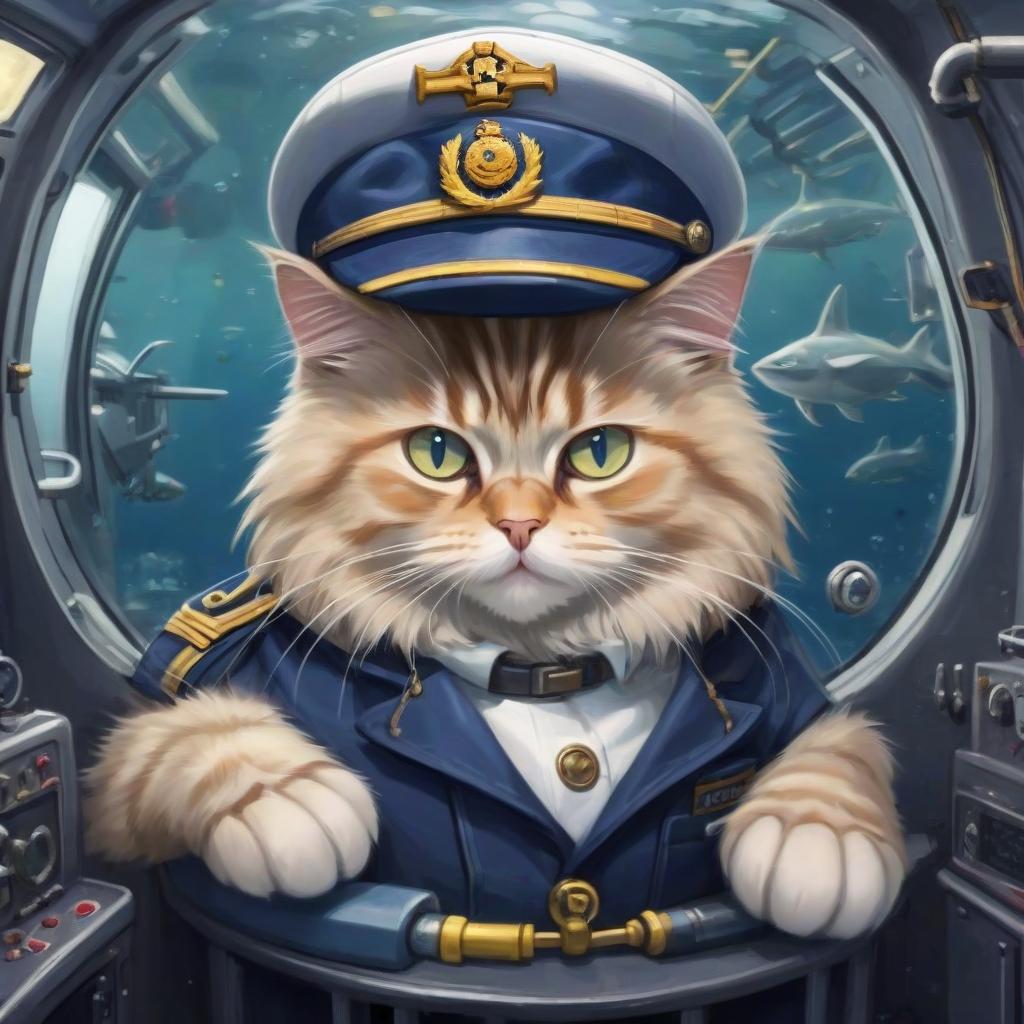  siberian cat in a cap in a submarine