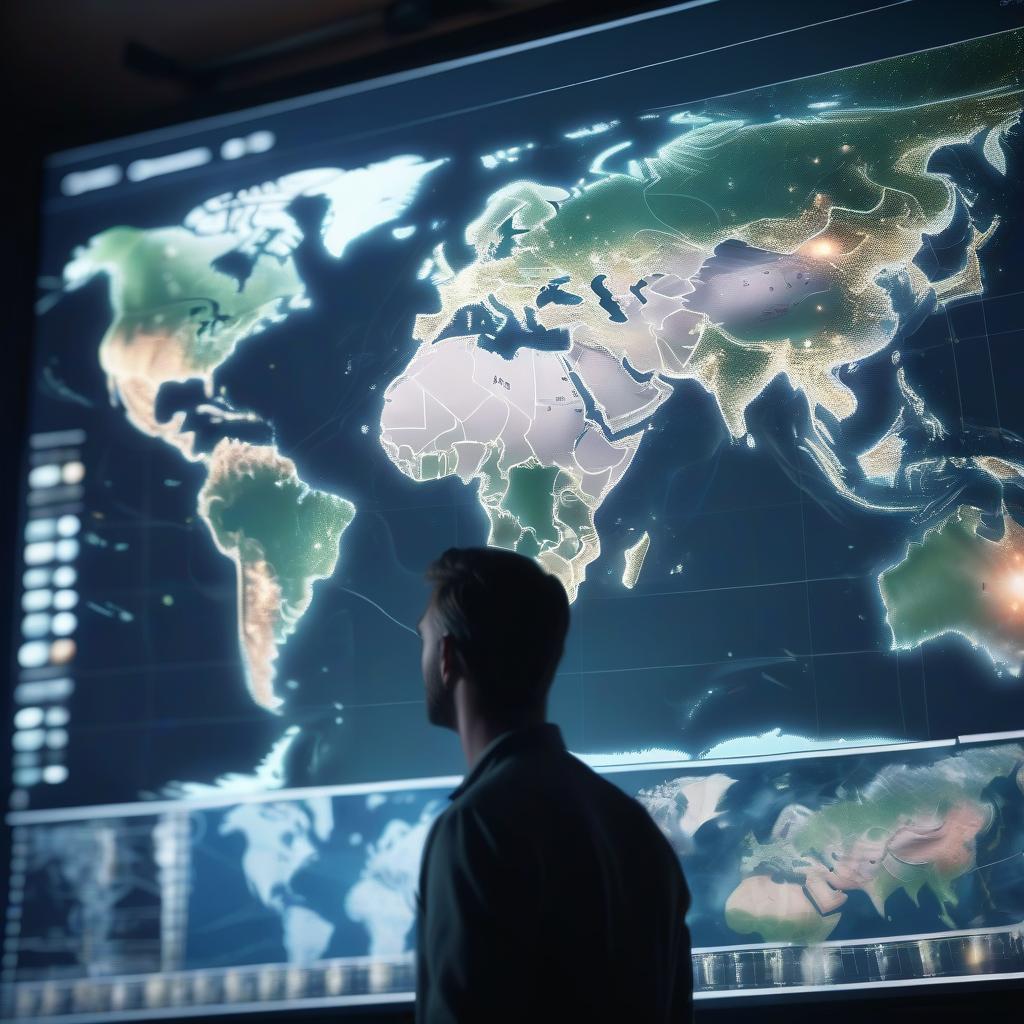  cinematic photo man uses digital high tech map of the world on the big screen . 35mm photograph, film, bokeh, professional, 4k, highly detailed