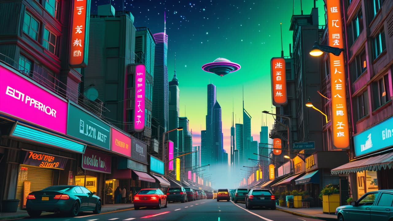  a futuristic cityscape with towering skyscrapers, glowing neon lights, and flying vehicles, contrasted by a distant alien landscape with strange flora and a starry sky, evoking themes of technology, exploration, and the unknown. hyperrealistic, full body, detailed clothing, highly detailed, cinematic lighting, stunningly beautiful, intricate, sharp focus, f/1. 8, 85mm, (centered image composition), (professionally color graded), ((bright soft diffused light)), volumetric fog, trending on instagram, trending on tumblr, HDR 4K, 8K