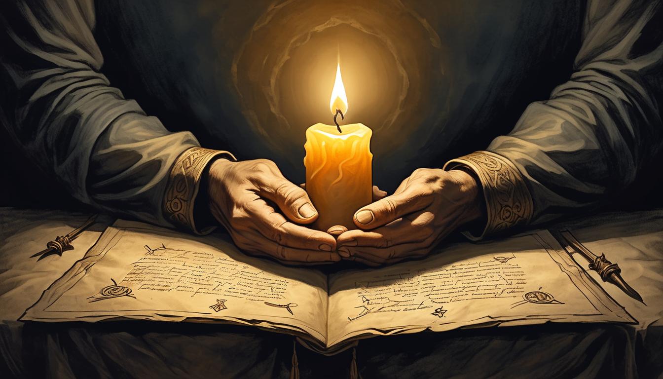  on parchment, surrealism+++, shielded candle in the darkness, hands protectively encircling it, soft warm light, symbol of preservation, gentle protection, glowing aura, against the dark, safeguarding essence.(mysterious, provocative, symbolic,muted color)+++