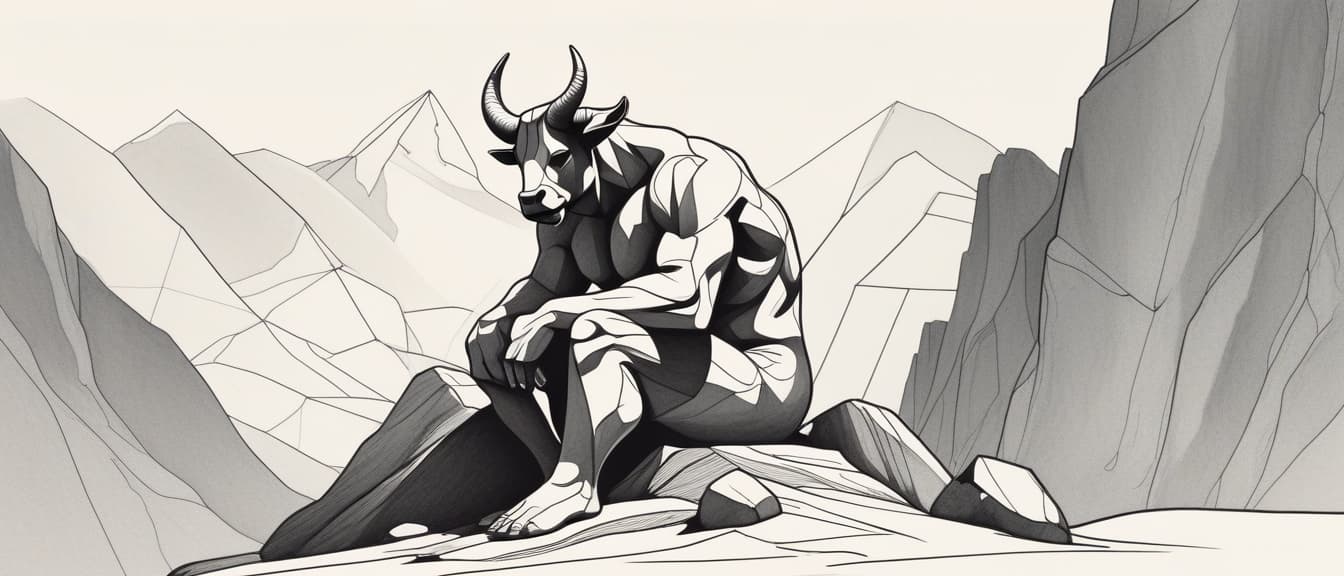  minimalism, draw a minotaur sitting on the rock in the mountains, abstract, simple geometic shapes, hard edges, sleek contours, minimalism