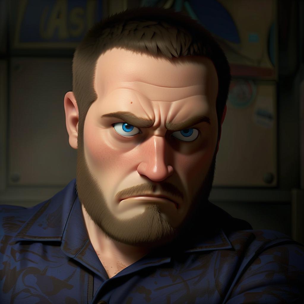  fighting game style a portrait from the original image in a cartoon style. the person's face from the original image must have an exact resemblance. in pixar style. computer animation, typical of animated films. kind and thoughtful expression on the face. beard. blue eyes . dynamic, vibrant, action packed, detailed character design, reminiscent of fighting video games