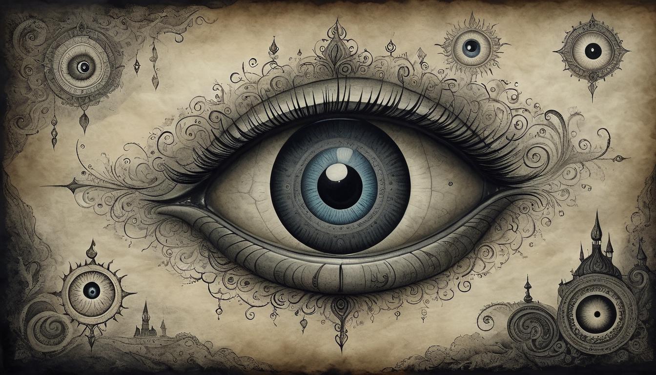  on parchment, surrealism+++, a single eye floating in a dark void, eye detailed with intricate patterns and textures, ethereal mist surrounding, deep shadows, mysterious aura(mysterious, provocative, symbolic,muted color)+++