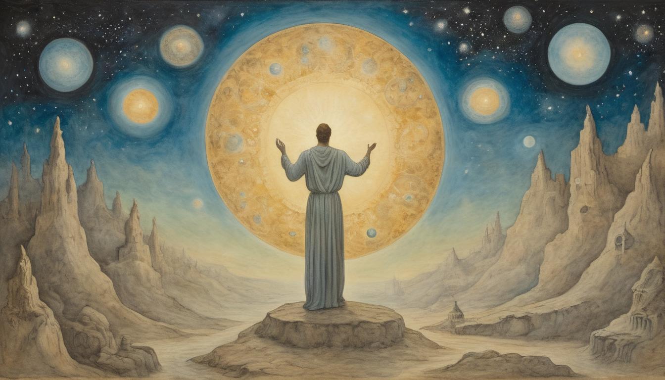  on parchment, surrealism++, a figure holding a luminous orb, surrounded by ethereal beings, scene of unity and strength, backdrop of a vast, starry cosmos, hopeful and divine(mysterious, provocative, symbolic)++