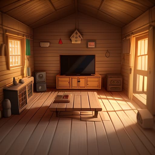  tv in a village house, isometry, wooden house, mobile game screenshot, interior of the house