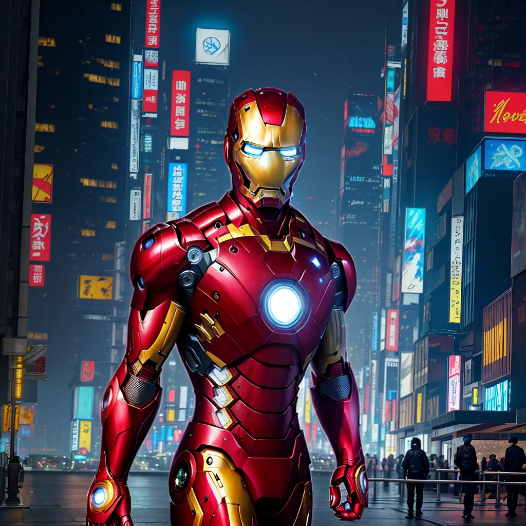  masterpiece, best quality, masterpiece, 8k resolution, realistic, highly detailed, Iron Man close-up. He stands on a street lined with tall buildings in a cyberpunk style city at night. The city's night lights are bright, and the surrounding buildings and streets are full of cyberpunk elements such as neon lights, high-tech equipment and futuristic architectural design.