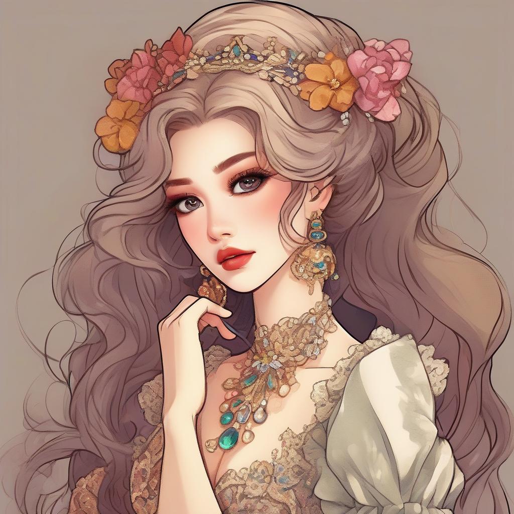  woman beauty, manhwa style, a lot of details, good detailing, beautiful makeup, jewelry, crystal and precious stone jewelry, eyelashes, full lips, expression, big eyes, different colors in clothes, stylish looks, victorian era, full view, hairstyle, colored hair, textured. aesthetic. colorful.