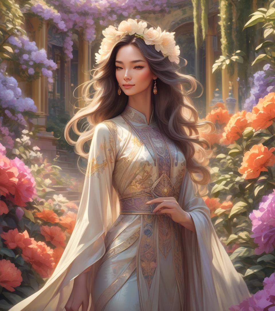  concept art oriental woman sporting a subtle smile amidst an opulent flower garden, imperial hues enveloping the art nouveau inspired floral backdrop, crowned regally, radiant backlighting highlighting her flowing hair, radiant, mythical allure transcending existence, watercolor aesthetic, greg rutkowski's touch, trending on artstation, razor sharp focus, studio setting, elaborate intricacies, volumetric . digital artwork, illustrative, painterly, matte painting, highly detailed