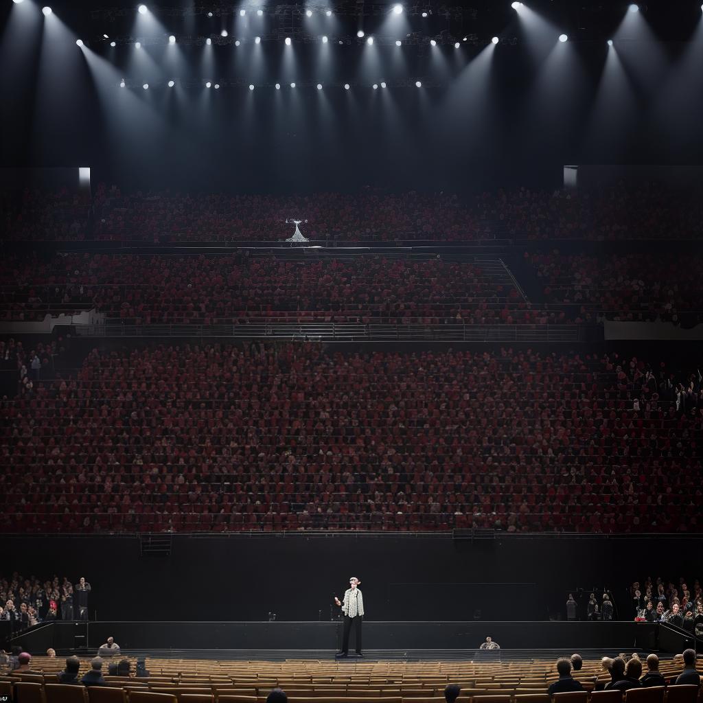  masterpiece, best quality, a performer standing on an empty stage, with a sea of audience members beyond, waiting and watching the stage in anticipation of the show. the focus is on the large stage, with the audience blending into the background