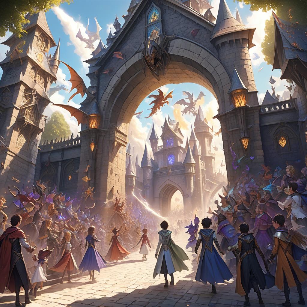  a huge school of magic and magic in light colors, around the magical barrier, flying wyverns and dragons, the main gate includes students