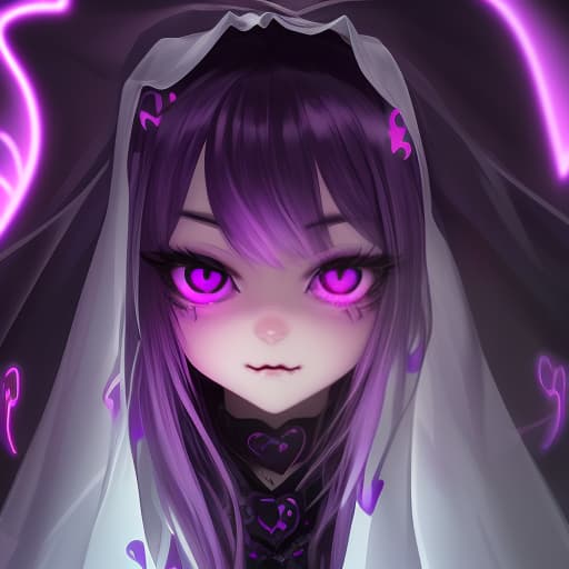  a close up of a person with long hair, purple glowing eyes, lofi girl, (heart), artist unknown, just a cute little thing, bite, exotropia eyes, well edited, looking at viewer, veil, emote, large)}], neon aesthetic, fangs, hearts