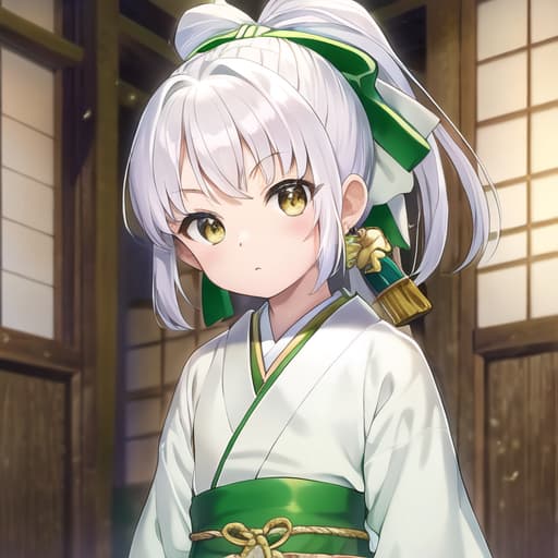  master piece , best quality,yomu konpakuto yomu child face, white hair, green clothes, hair band, ribbon, japanese sword.