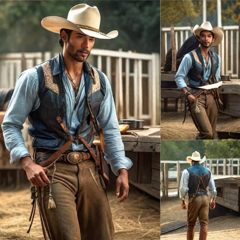  my picture in cow boy style hyperrealistic, full body, detailed clothing, highly detailed, cinematic lighting, stunningly beautiful, intricate, sharp focus, f/1. 8, 85mm, (centered image composition), (professionally color graded), ((bright soft diffused light)), volumetric fog, trending on instagram, trending on tumblr, HDR 4K, 8K