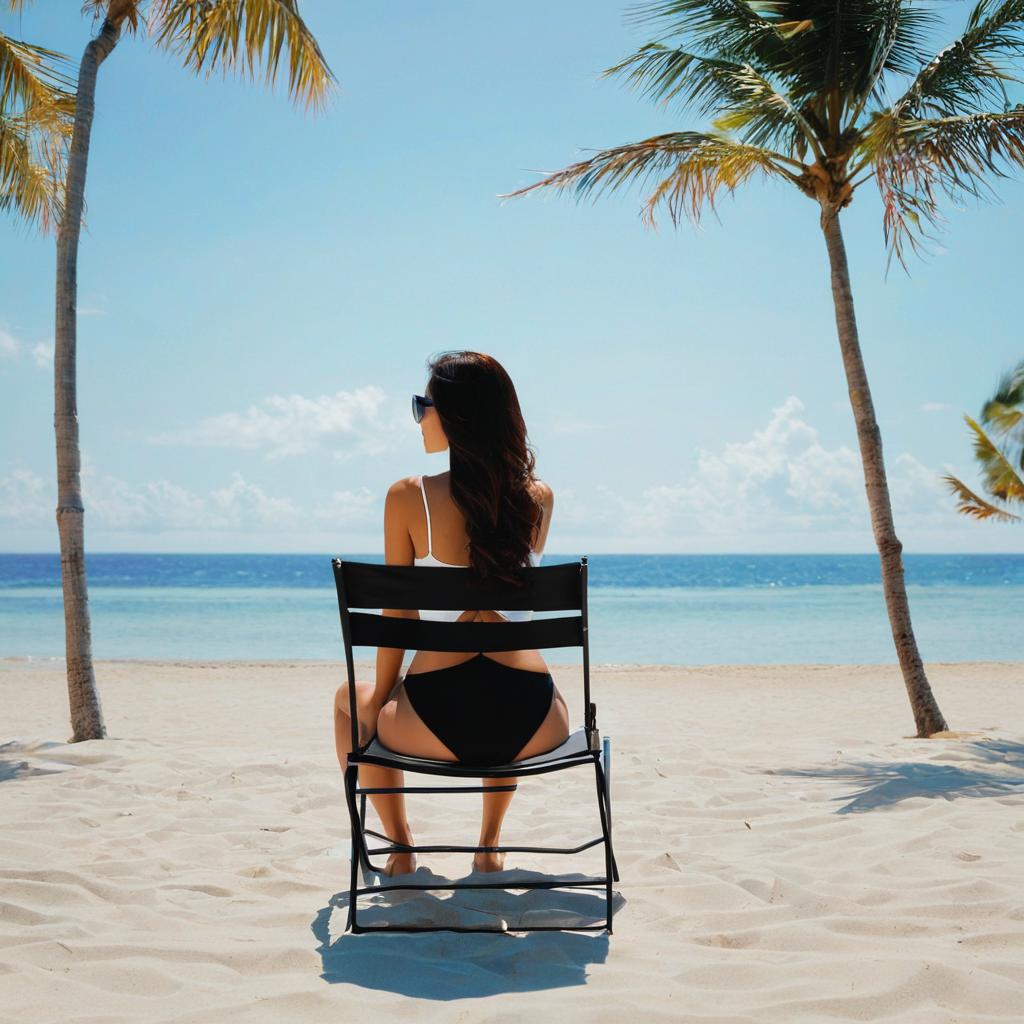  woman, sitting on a chair backward (facing the backrest), beach, body