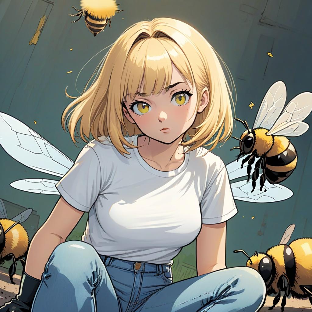  colored comic book image. a with a haircut and blonde hair, dressed in a white t shirt and jeans, sits on her and looks at a huge bee.