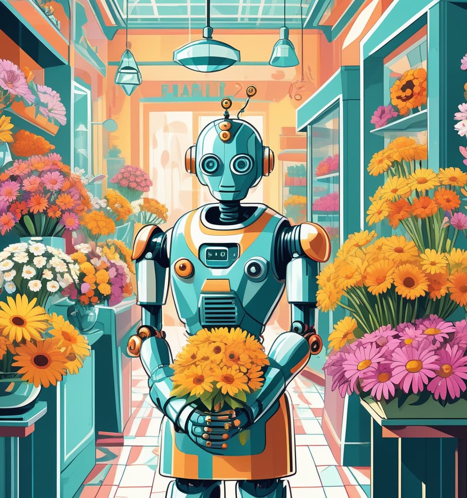  art deco style a humorous illustration. body language, bright colors, cartoon style. robot seller in a flower shop, makes bouquets of digital daisies, in the background there are many bouquets of flowers . geometric shapes, bold colors, luxurious, elegant, decorative, symmetrical, ornate, detailed