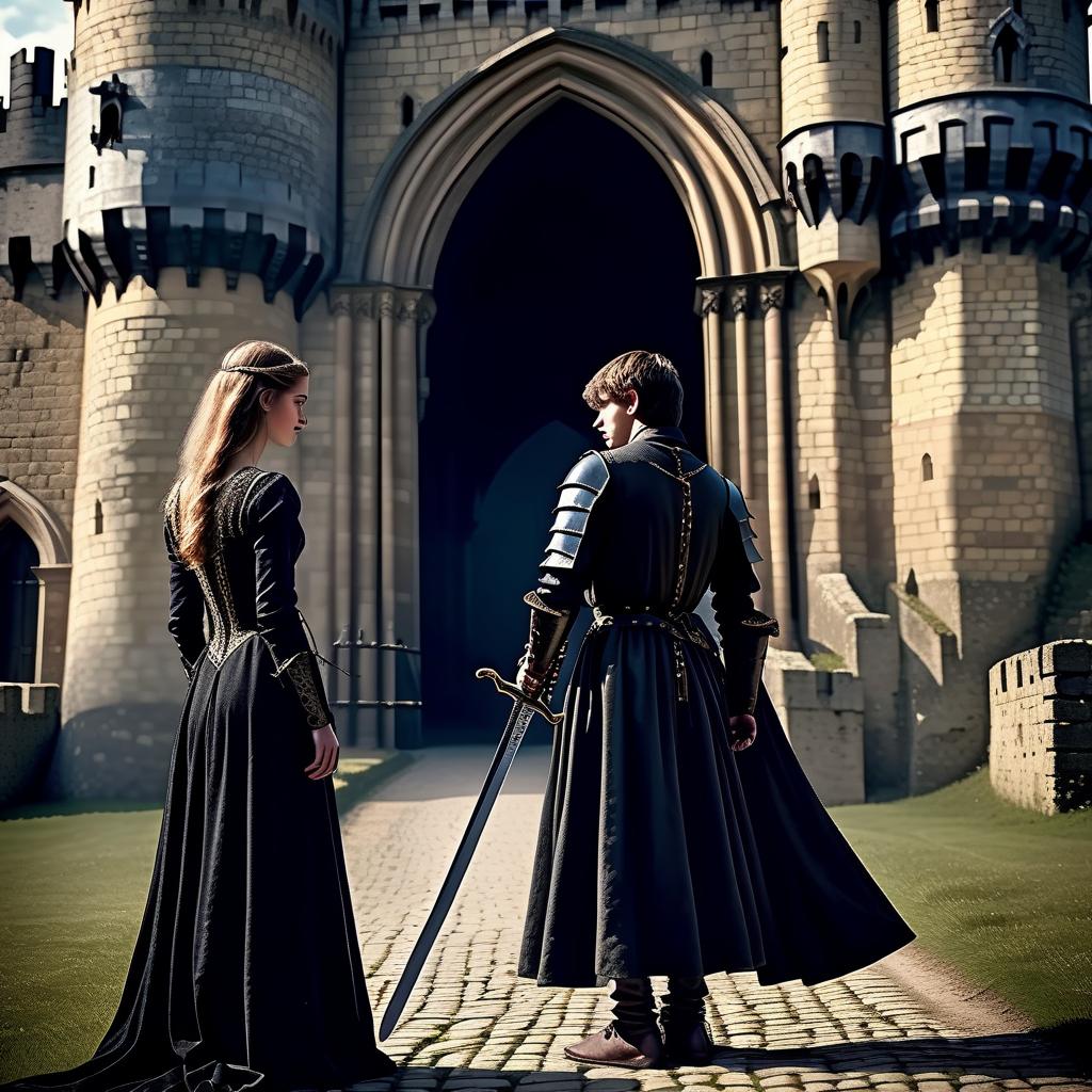  breathtaking a young man of 18 stands with his back to the camera, black medieval costume, sword in his hand, in front of him lies the body of a dead young woman in medieval dress, in the background a castle with closed gates, the castle is visible in its entirety, archers on the castle walls. . award winning, professional, highly detailed