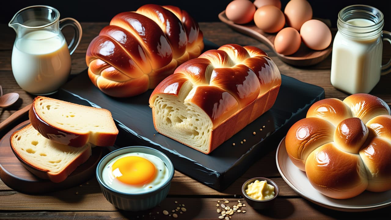  a close up of various bread types, showcasing a crusty white loaf, soft brioche, and golden challah, alongside ingredients like eggs, butter, and milk, all set against a rustic wooden background. hyperrealistic, full body, detailed clothing, highly detailed, cinematic lighting, stunningly beautiful, intricate, sharp focus, f/1. 8, 85mm, (centered image composition), (professionally color graded), ((bright soft diffused light)), volumetric fog, trending on instagram, trending on tumblr, HDR 4K, 8K