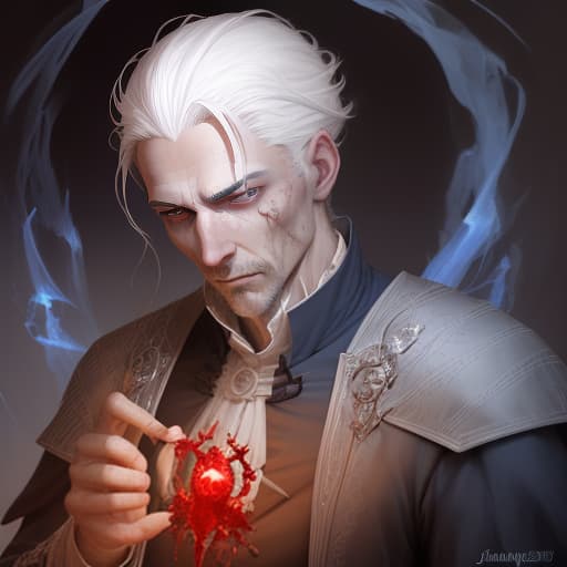  a man in his 30s. white hair up to the shoulders, blue eyes, light skin, no facial vegetation. medium build. sharp facial features. magician, alchemist and healer, dark , creepy , blood , monsters , by jason engle , carlos huante , charlie bowater , simon lee , brom