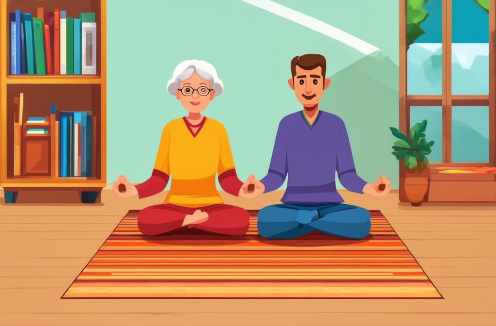  cute old lady and man sitting on the rug and meditating. style flat illustration ar 3:2 {prompt}, maximum details