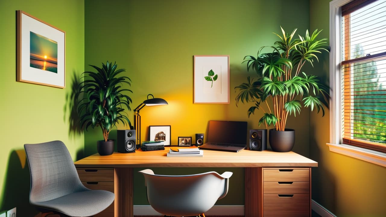  a bright, modern home office with a sleek led desk lamp casting warm light over a tidy workspace, featuring a stylish desk, a comfortable chair, and vibrant green plants in the background. hyperrealistic, full body, detailed clothing, highly detailed, cinematic lighting, stunningly beautiful, intricate, sharp focus, f/1. 8, 85mm, (centered image composition), (professionally color graded), ((bright soft diffused light)), volumetric fog, trending on instagram, trending on tumblr, HDR 4K, 8K