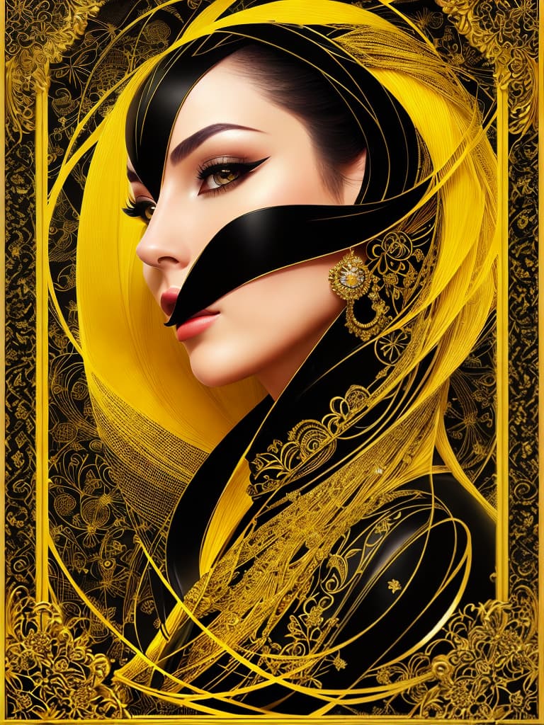  Golden yellow and sleek black color palette, captivating and inviting expression, exuding elegance and charm, magnetic beauty, intricate details, high contrast, luxurious feel, digital art, female, glossy finish, striking composition, dynamic lighting to enhance features.