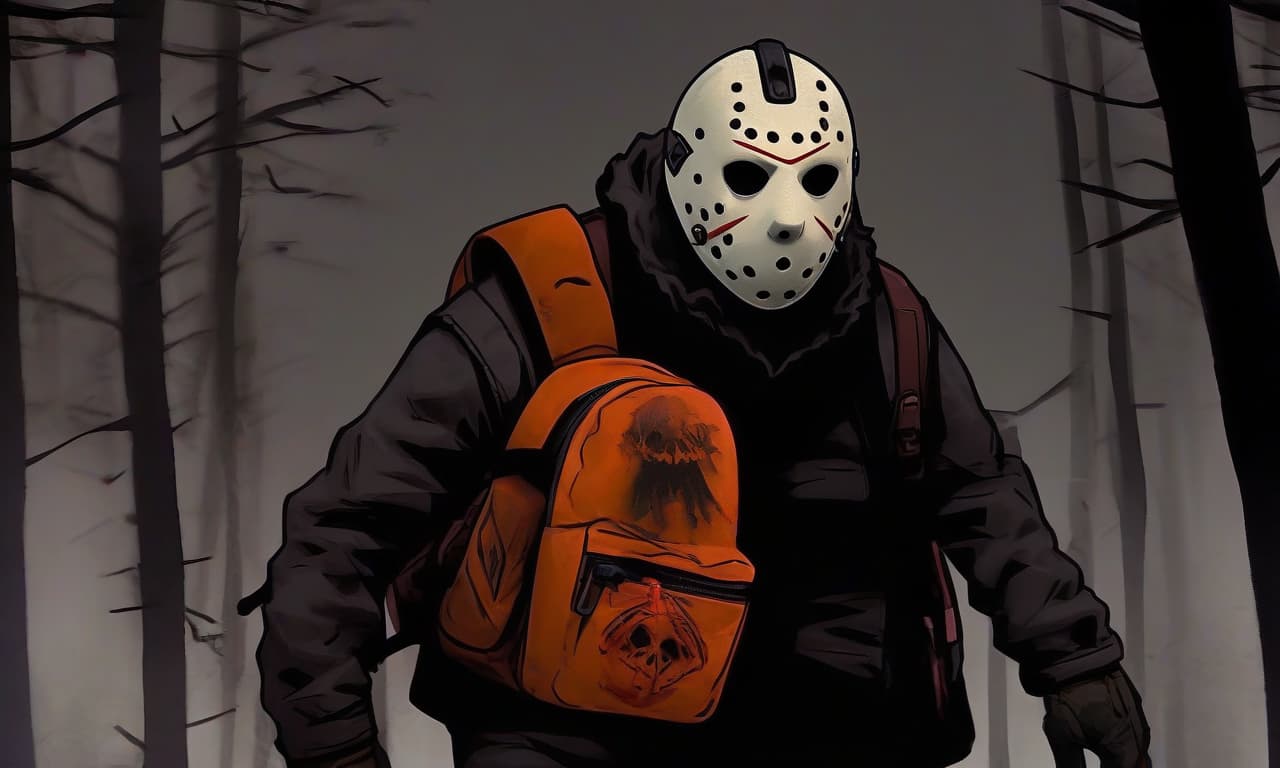  horror themed jason voorhees examines the contents of his backpack. jason is shown wearing a black jacket and black pants, with a canonical mask on his face. he is holding an orange backpack. in the background is a forest in thick fog . eerie, unsettling, dark, spooky, suspenseful, grim, highly detailed