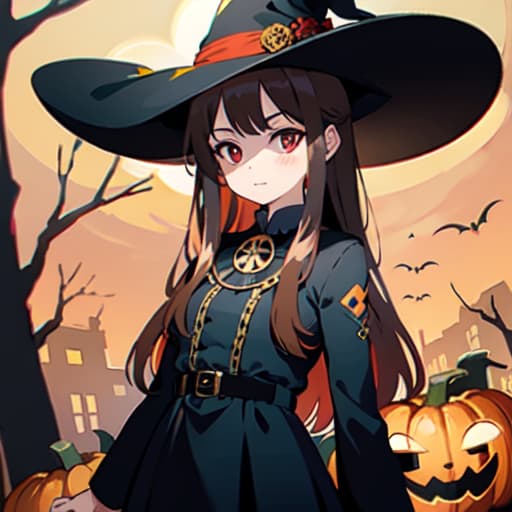  master piece , best quality,halloween brown hair, red eyes, long hair, witch