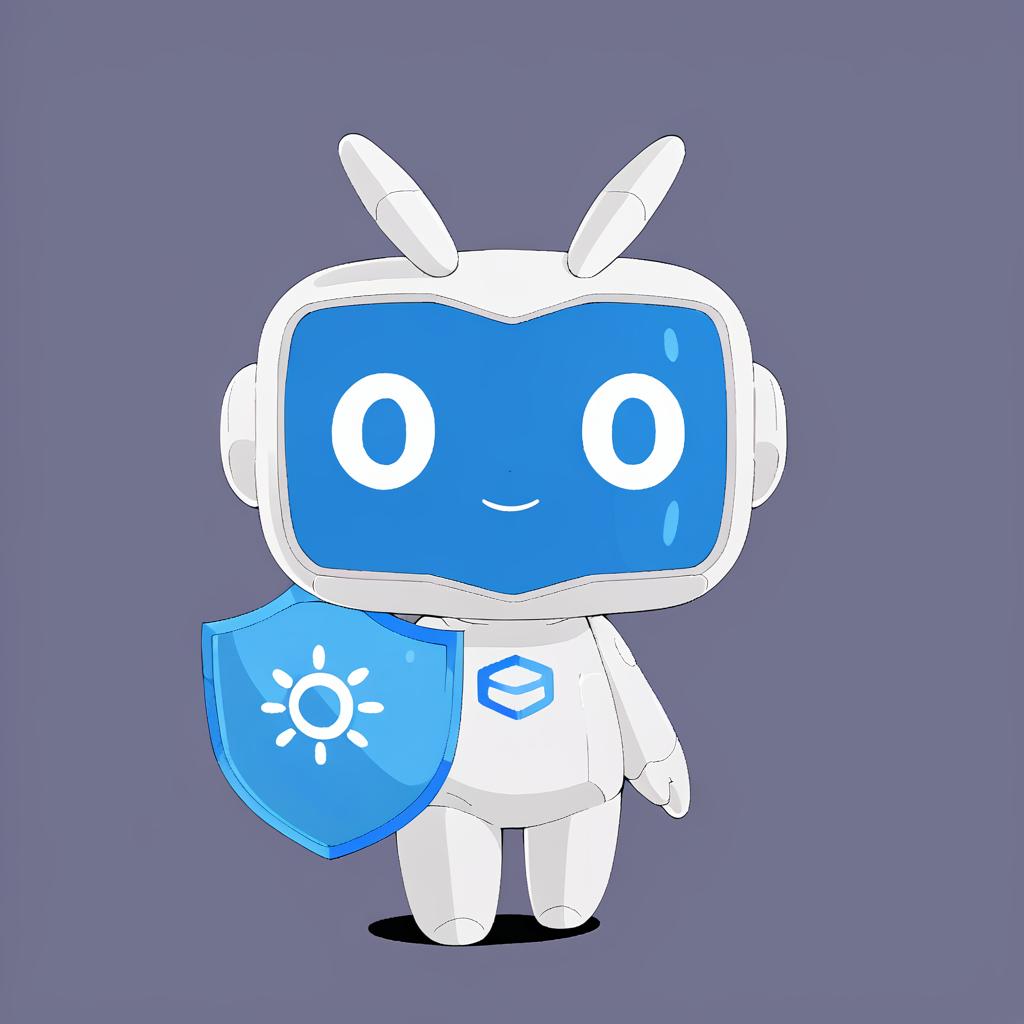  a white cute robot with blue face take a blue shield,a clean and crisp anime illustration with bold outlines, smooth shading,cell shaded, crisp ,flat colors, and a minimalistic background.