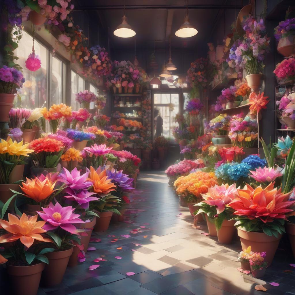  flower shop. exotic flowers with pointed multicolored petals in pots and on the floor. fantasy, hkmagic