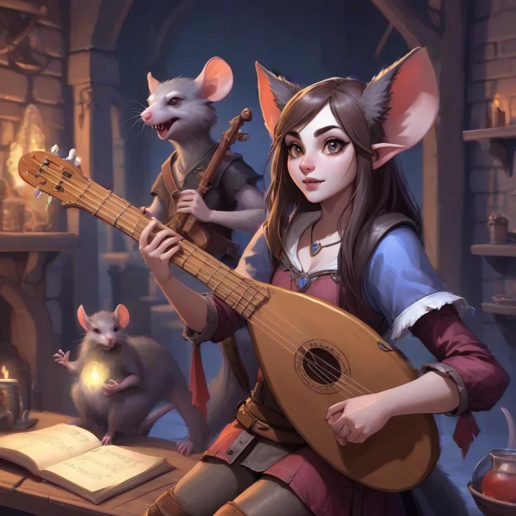  role playing game (rpg) style fantasy a werewolf girl with a lute in her hand. . detailed, vibrant, immersive, reminiscent of high fantasy rpg games