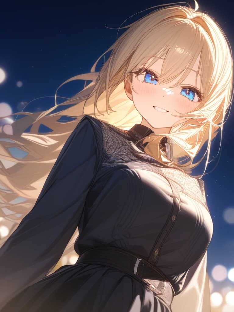  blonde, blue eyes, night, stars, smiles, masterpiece, best quality,8k,ultra detailed,high resolution,an extremely delicate and beautiful,hyper detail