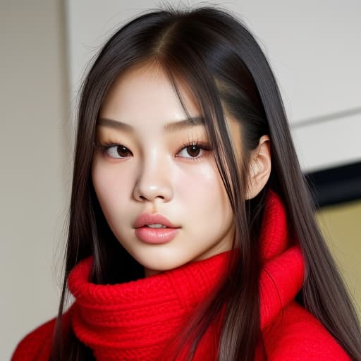  (--Style Photoralism, Jennie Kim)((full body)) a close up of a woman with a red scarf on, blackpink jennie, popular south korean makeup, portrait of female korean idol, popular korean makeup, beautiful south korean woman, harpers bazaar, harper's bazaar, beautiful oriental woman, korean face features, dior campaign, korean audrey hepburn, vogue journal cover, inspired by Zhang Shuqi, detailed face of a asian girl