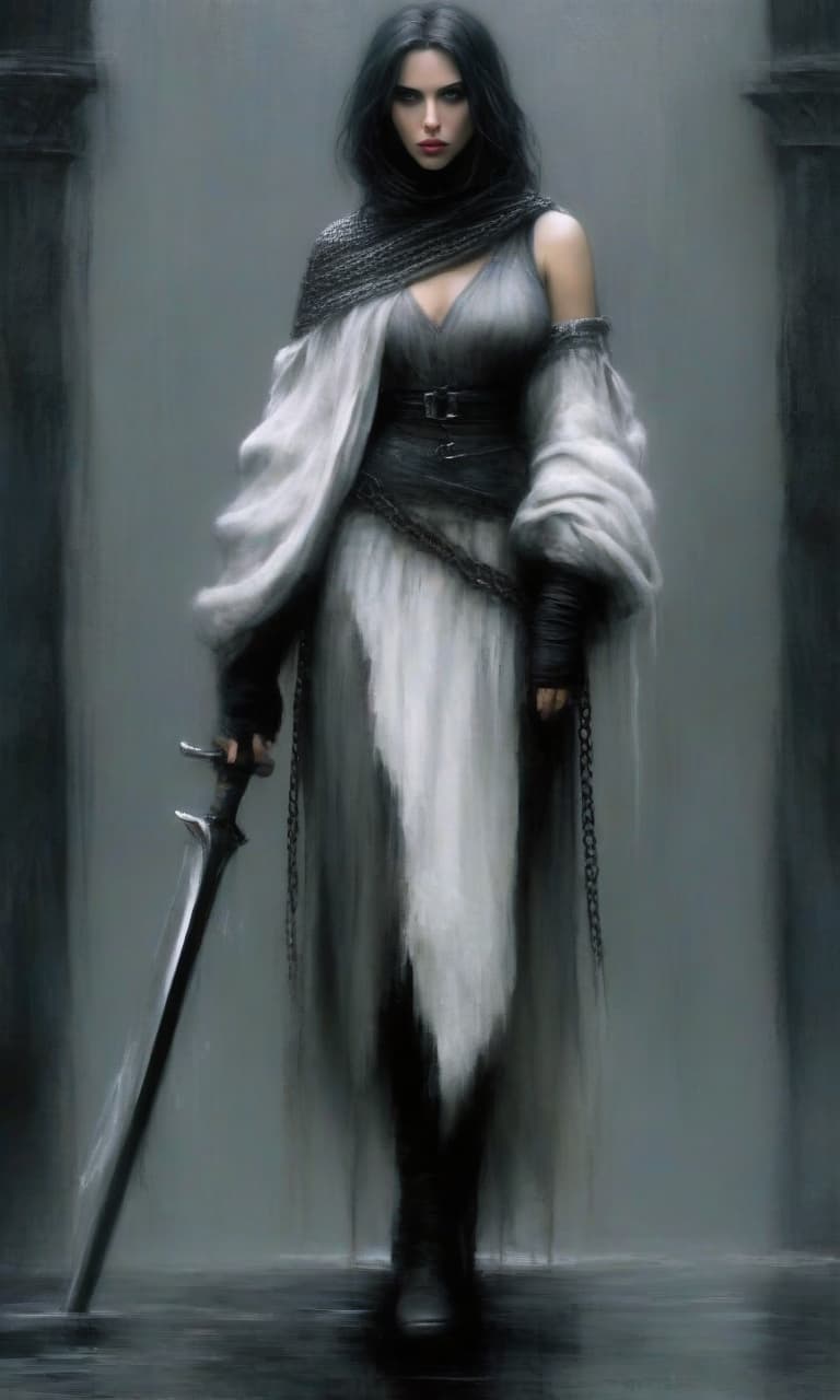  macabre style scarlett johansson in the form of a slender thief fighter with a sword in his hand, with white and black straight hair, in long white leather skirts and chain mail on a skirt and shoulders. full height. in a dark room with huge dark gray columns in spots. . dark, gothic, grim, haunting, highly detailed, perfecteyes, perfect hands