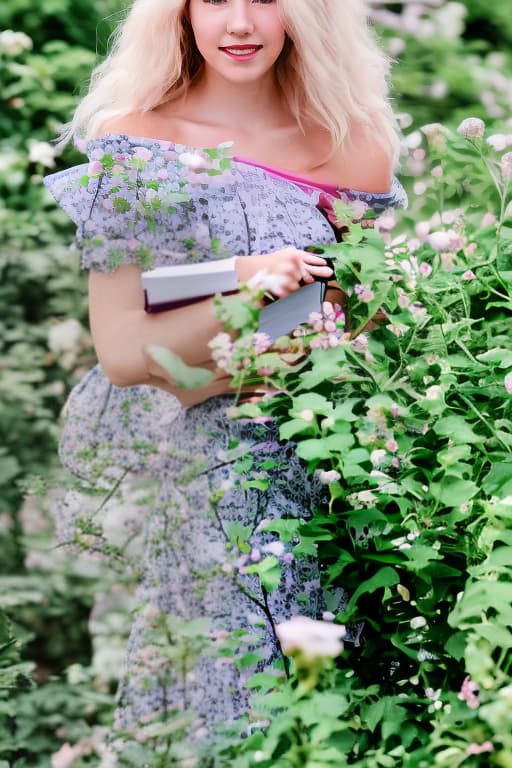 lnkdn photography A picture of a young woman with light pink hair and green eyes. Her hair is very long and straight. Her hair is parted in the middle. She is holding a book. She is standing in a flower garden. She is wearing an off-shoulder ballgown.