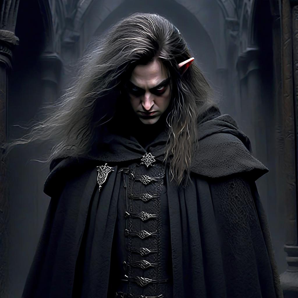  macabre style drawn by marion cotillard, an elf fighter with long straight hair in a gray corset and cloak, with leather elbows, standing in full height in a dark hall. . dark, gothic, grim, haunting, highly detailed, perfecteyes, perfect hands