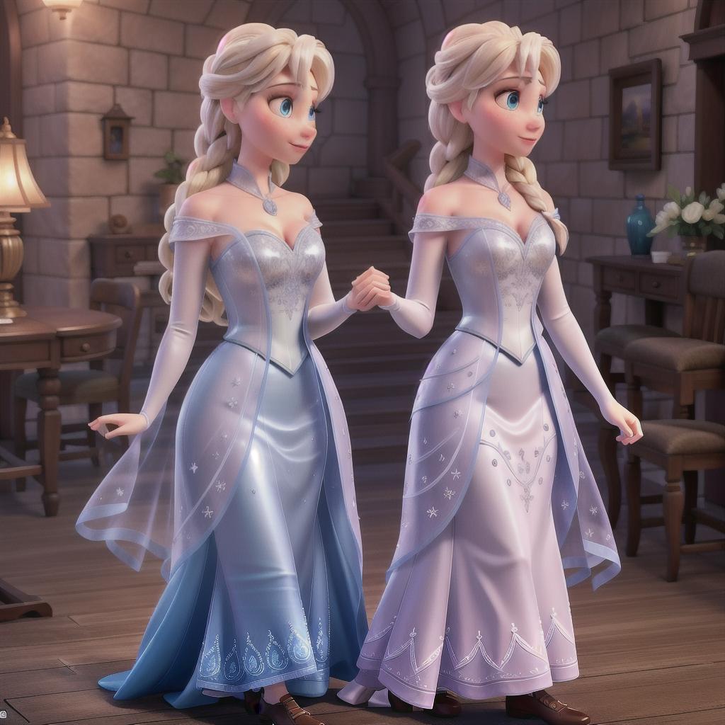  elsa and anna from frozen hyperrealistic, full body, detailed clothing, highly detailed, cinematic lighting, stunningly beautiful, intricate, sharp focus, f/1. 8, 85mm, (centered image composition), (professionally color graded), ((bright soft diffused light)), volumetric fog, trending on instagram, trending on tumblr, HDR 4K, 8K