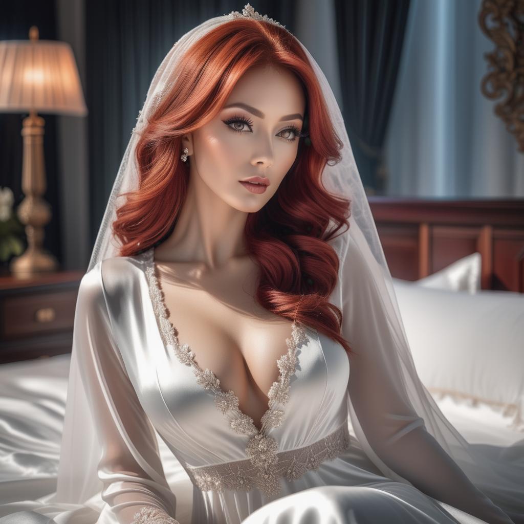  white silk nightgown, veil, woman with shorter red hair, lying on the bed, hyperrealistic, full body, detailed clothing, highly detailed, cinematic lighting, stunningly beautiful, intricate, sharp focus, f/1. 8, 85mm, (centered image composition), (professionally color graded), ((bright soft diffused light)), volumetric fog, trending on instagram, trending on tumblr, HDR 4K, 8K