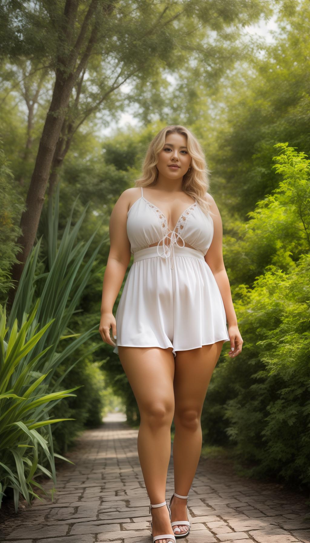   chubby blonde woman, standing legs in summer park