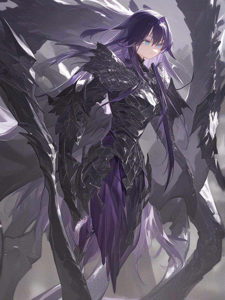  an anime photo of a half human, half dragon warrior, she has very dark purple hair, a pleasant smile, very beautiful blue eyes, a grayer skin, a light black knight armor, broken black wings, and, hands with dragon claws mixed with the armor, a long dragon tail, and other details of her dragon form mixed with her human appearance, she has a more adult and very strong body, with a slender build . best quality, high resolution