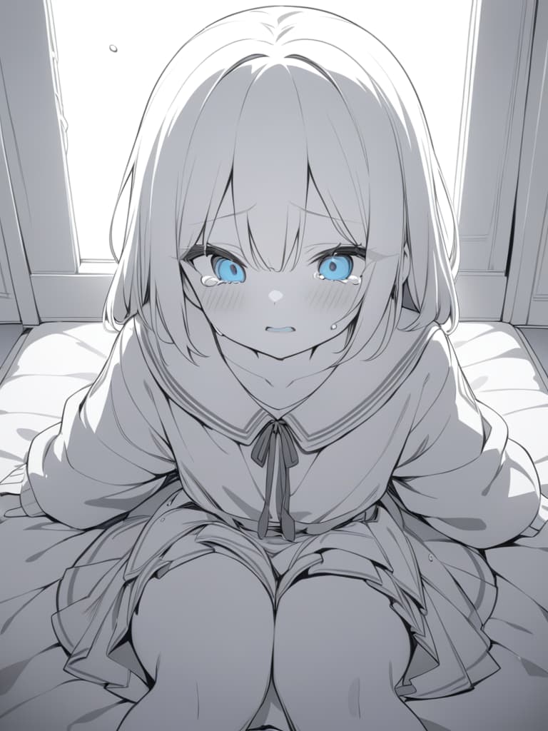  monochrome, girl, cute, loli, crying, blue eyes, tears, masterpiece, best quality,8k,ultra detailed,high resolution,an extremely delicate and beautiful,hyper detail