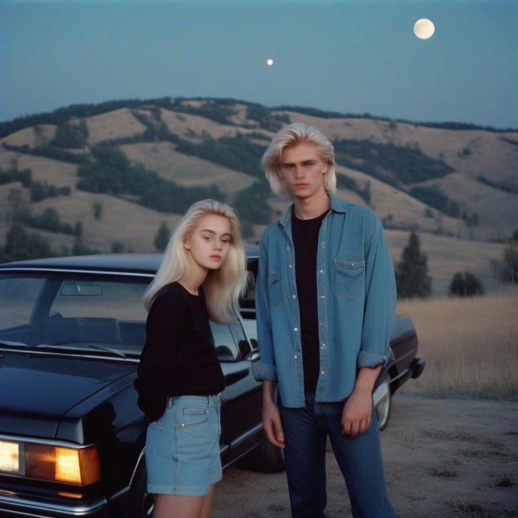  analog film photo a platinum blonde girl takes pictures on a polaroid in a black shirt and stands next to a blonde guy in a denim shirt, standing by a black car, a view from a hill, in the background the city, the time of dusk, a full light moon, the style of the 80 90s. . faded film, desaturated, 35mm photo, grainy, vignette, vintage, kodachrome, lomography, stained, highly detailed, found footage