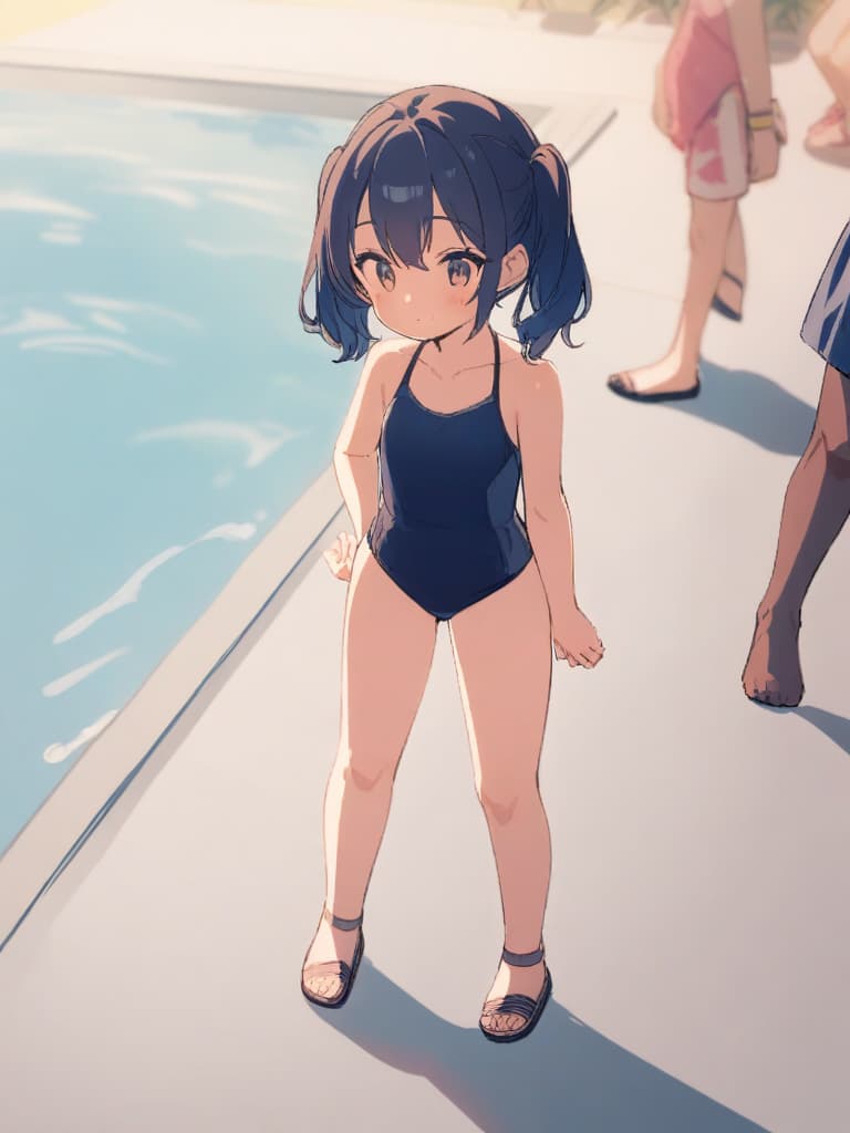  women's elementary students (male), twin tails, cute smiles, rich s, low stature, dark blue swimwear, old swimwear, swimwear, simple, male (bulging), front, whole body, pool side,