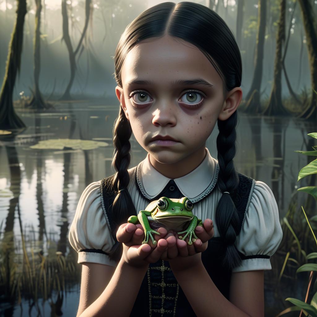  hyperrealistic art against the background of the swamp, jenna ortega in the image of wednesday addams holds a frog in the palm of her hand, staring at it intently. . extremely high resolution details, photographic, realism pushed to extreme, fine texture, incredibly lifelike, glowneon, perfect hands