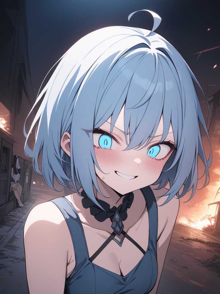  light blue hair, light blue, bob hair, darkness, hatred, angry crying, night, end of world, the edge of despair, crazy eyes, smiling, masterpiece, best quality,8k,ultra detailed,high resolution,an extremely delicate and beautiful,hyper detail