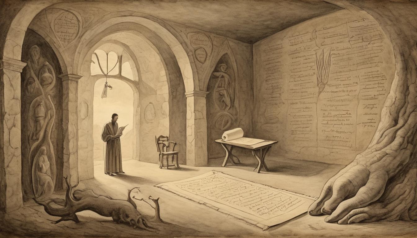  on parchment, surrealism++, ethereal examination room, enveloped in mystical light, ancient scroll, test dynamics, mysterious, solemn(mysterious, provocative, symbolic)++